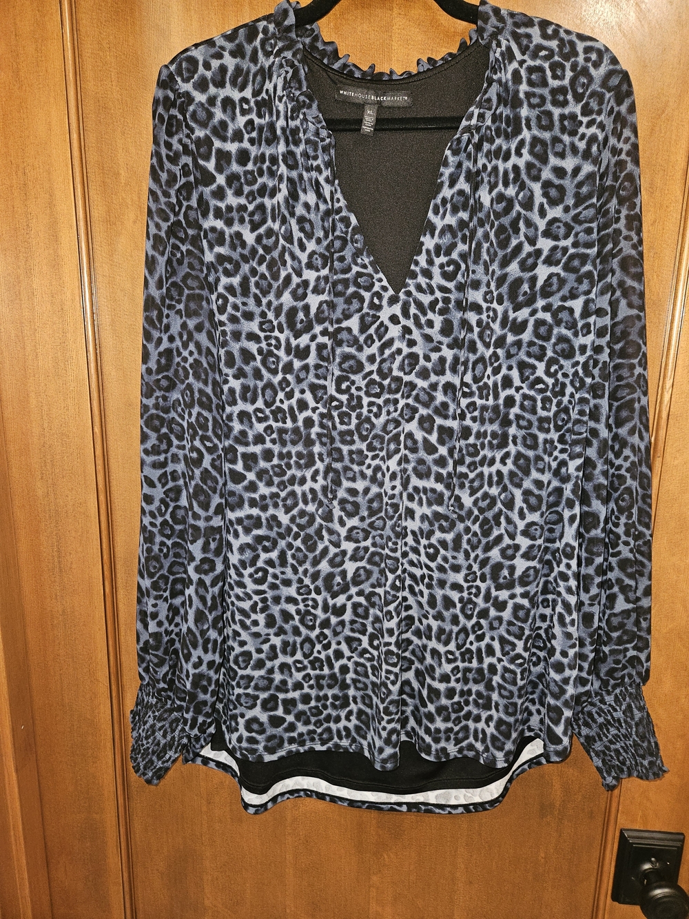 White House Black Market Blue and Black Leopard Print V-Neck Blouse